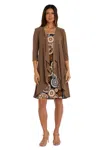 R & M Richards 7907 Short Puff Print Mother Of The Bride Jacket Dress In Brown