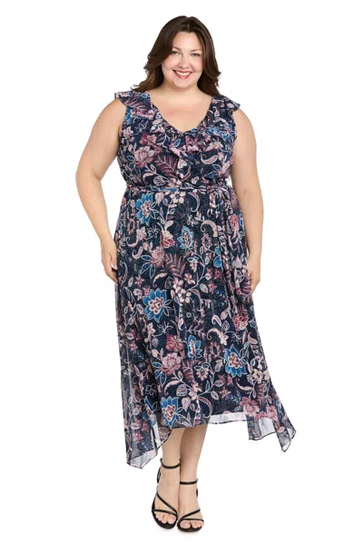 R & M Richards 9294w Printed Plus Size High Low Dress In Blue