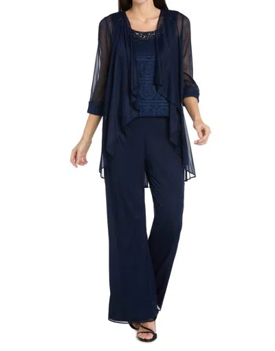 R & M Richards Glitter Embroidered Pant Suit With Pearl Neckline In Navy In Blue