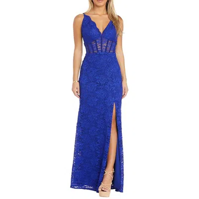 R & M Richards Juniors Womens Corset Seamed Lace Evening Dress In Blue