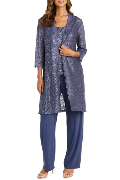 R & M Richards Lace 3/4 Sleeve 3-piece Pants Set In Cadet