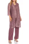R & M Richards Lace 3/4 Sleeve 3-piece Pants Set In Dark Rose