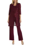 R & M Richards Lace 3/4 Sleeve 3-piece Pants Set In Merlot