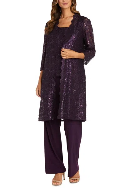 R & M Richards Lace 3/4 Sleeve 3-piece Pants Set In Plum