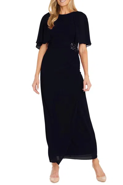 R & M Richards Long Chiffon Caplet Evening Dress In Navy In Black