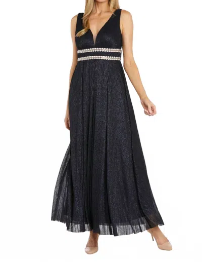 R & M Richards Long Metallic Gown In Navy In Black