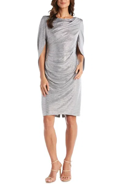 R & M Richards Metallic Built-in Shawl Pleated Sheath Dress In Silver