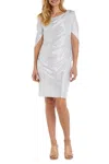 R & M Richards Metallic Built-in Shawl Pleated Sheath Dress In White In White