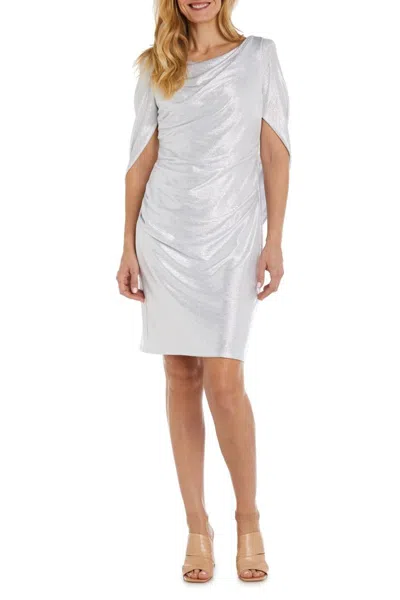 R & M Richards Metallic Built-in Shawl Pleated Sheath Dress In White