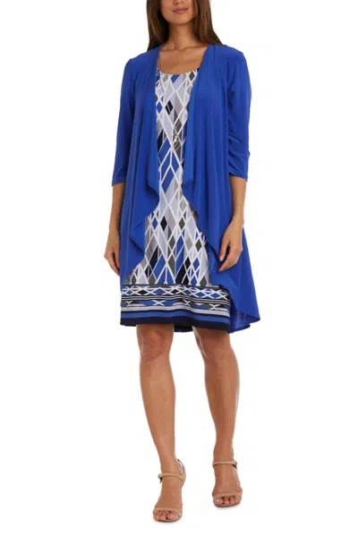 R & M Richards Multi Print 2 Piece Jacket & Dress Set In Blue Berry