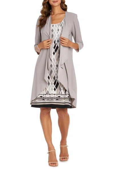 R & M Richards Multi Print 2 Piece Jacket & Dress Set In Taupe/black