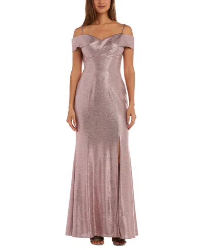 R & M Richards Nightway Cold-shoulder Foil Gown In Pink