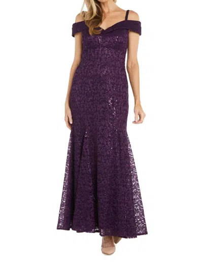 R & M Richards Off The Shoulder Fishtail Evening Gown In Plum In Purple