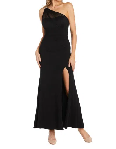 R & M Richards One Shoulder Cape Gown With Rhinestone Detailing In Black