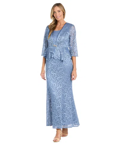 R & M Richards Petite 2-pc. Metallic-lace Gown & Jacket Set In Blue