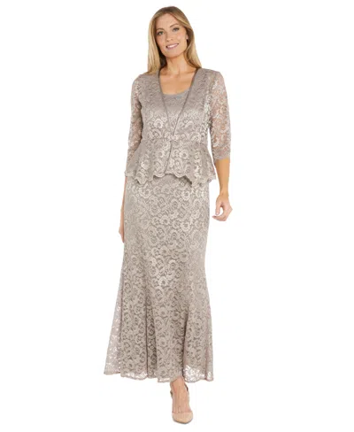 R & M Richards Petite 2-pc. Metallic-lace Gown & Jacket Set In Champagne