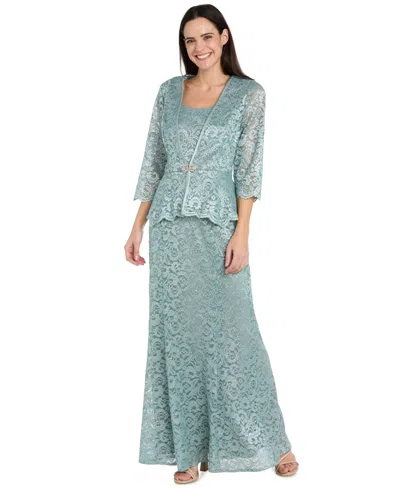 R & M Richards Petite 2-pc. Metallic-lace Gown & Jacket Set In Blue