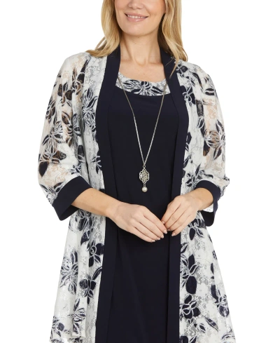 R & M Richards Petite 2-pc. Printed Jacket & Necklace Dress Set In Navy,wht