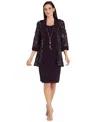 R & M Richards Petite 2-piece Embroidered And Sequin Cutout Jacket With Tank Dress In Purple
