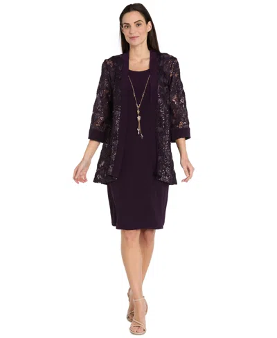 R & M Richards Petite 2-piece Embroidered And Sequin Cutout Jacket With Tank Dress In Purple