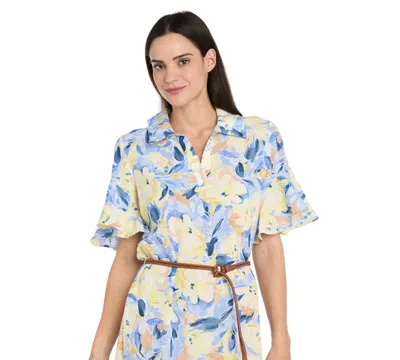 R & M Richards Petite Belted Collared Midi Dress In Multi
