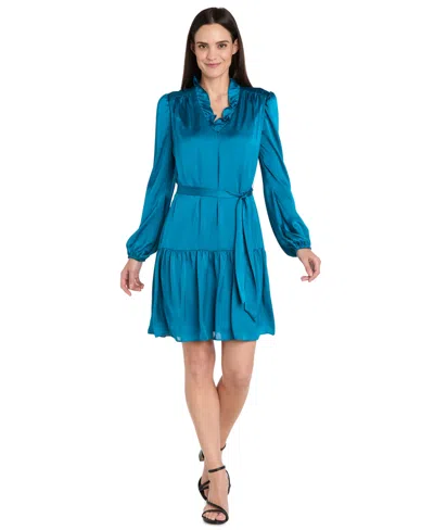 R & M Richards Petite Collared V-neck Long-sleeve Dress In Blue