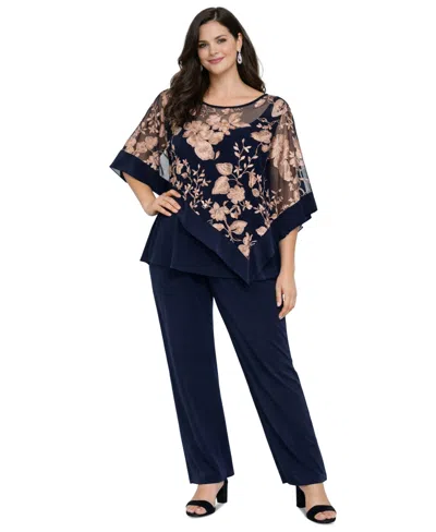 R & M Richards Petite Floral Embroidered Poncho Top And Pants, 2-piece Set In Blue