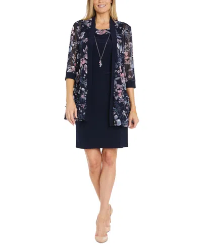 R & M Richards Petite Floral Mesh Jacket And Contrast-trim Sleeveless Dress In Navy,pink