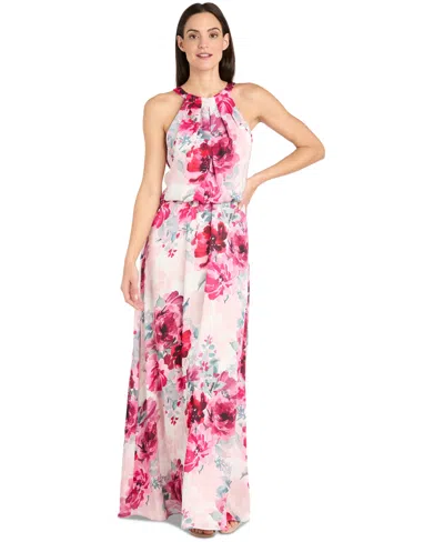 R & M Richards Petite Floral-print High-neck Blouson Dress In Cream,rose