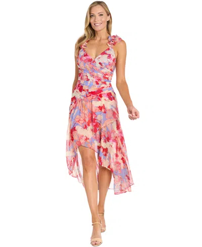 R & M Richards Petite Floral-print Ruched High-low Dress In Coral,mult