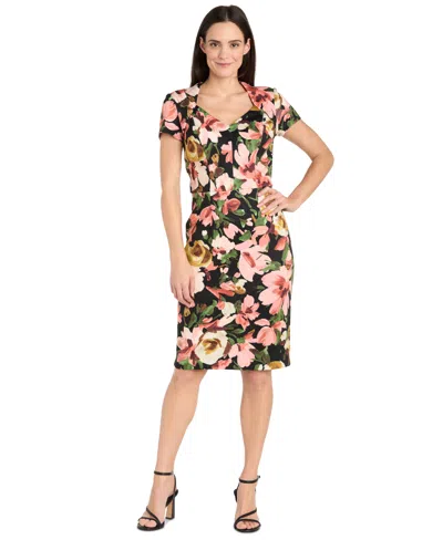 R & M Richards Petite Floral-print Short-sleeve Dress In Black Multi