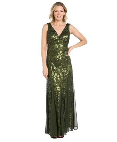 R & M Richards Petite Floral Sequin Beaded Gown In Green