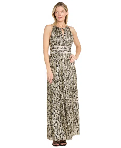 R & M Richards Petite Floral-print Foil Halter Dress With Keyhole Neckline In Neutral