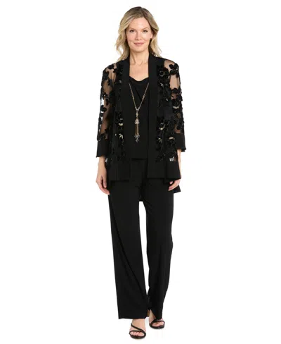 R & M Richards Petite Floral-print Velvet Jacquard Burnout Jacket, Tank, And Pants, 3-piece Set In Black