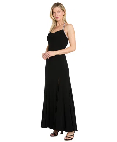 R & M Richards Petite Halter Neck Sleeveless Gown In Black