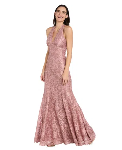 R & M Richards Petite Halter V-neck Stretch Lace Ball Gown In Pink