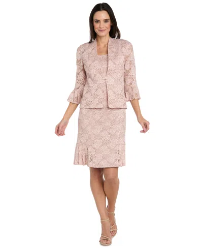 R & M Richards Petite Lace Pleat Hem Jacket Dress In Neutral