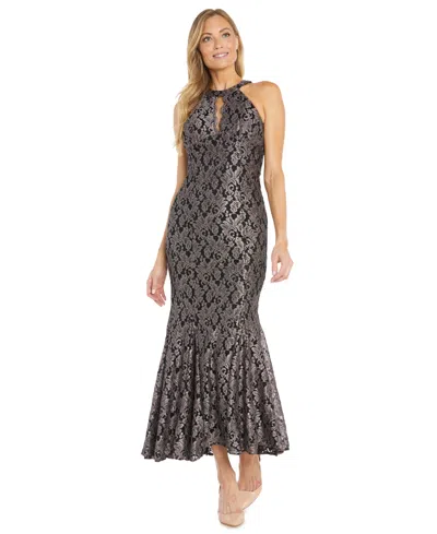 R & M Richards Petite Long Glitter Sleeveless Lace Dress In Gray