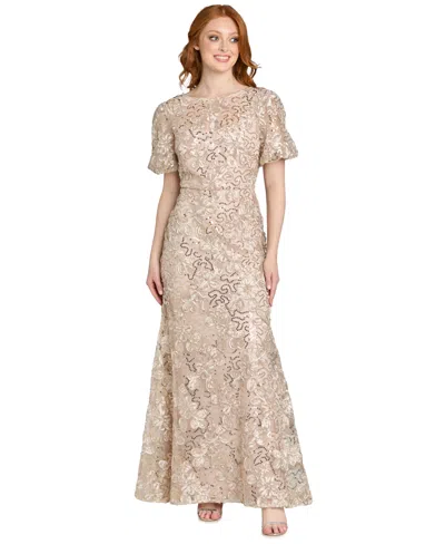 R & M Richards Petite Long Ribbon Soutache Lace And Sequin Ball Gown In Brown