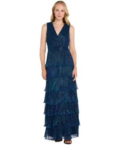 R & M Richards Petite Metallic Tiered-ruffle Sleeveless Gown In Blue