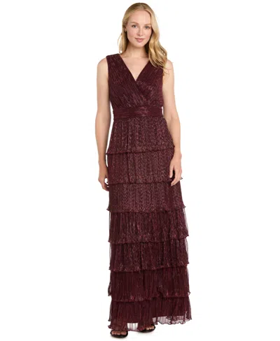 R & M Richards Petite Metallic Tiered-ruffle Sleeveless Gown In Brown