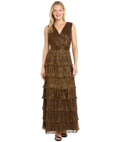 R & M Richards Petite Metallic Tiered-ruffle Sleeveless Gown In Gold