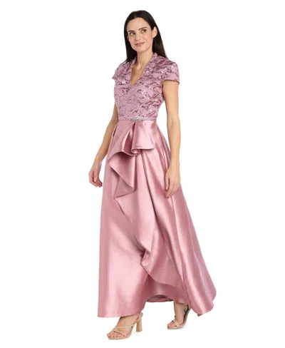 R & M Richards Petite Mix Media Embroidered Lace Ruffle Skirt Ball Gown In Pink