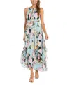 R & M Richards Petite Printed Halter-neck Ruffled Sleeveless Gown