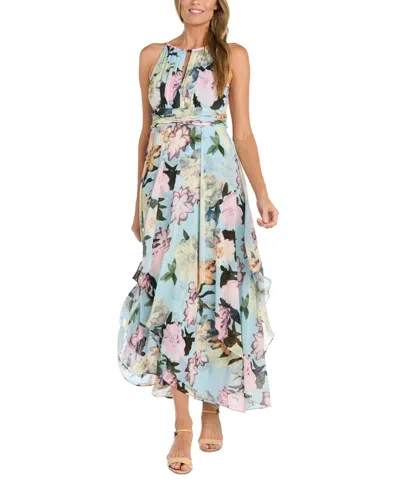 R & M Richards Petite Printed Halter-neck Ruffled Sleeveless Gown