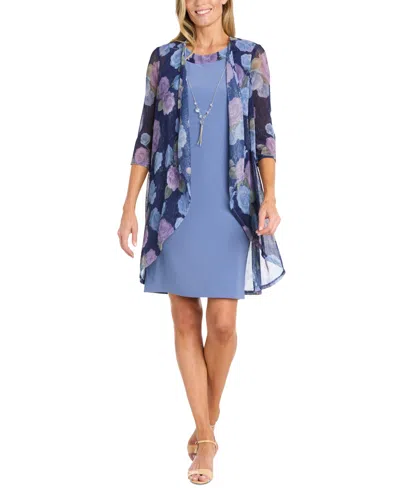 R & M Richards Women's Textured Metallic Jacket & Necklace Dress In Cadet Periwinkle