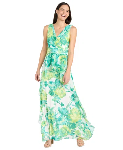 R & M Richards Petite Printed Ruffle-trim-overlay Dress In Jade Multi