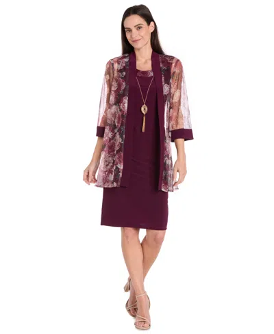 R & M Richards Petite Printed Scoop Neck Jacket Dress In Burgundy