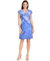 R & M Richards Petite Printed Split-neck Cap-sleeve Dress In Blue