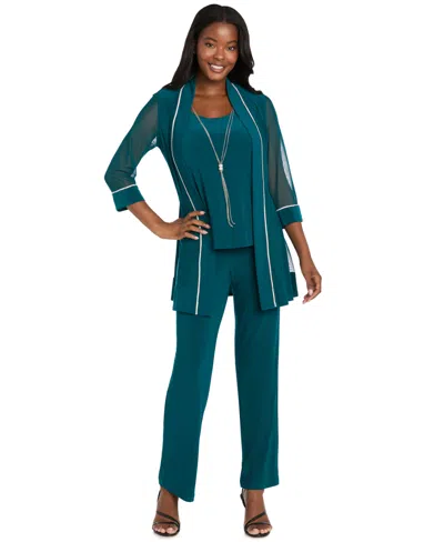 R & M Richards Petite Rhinestone-detail Scoop-neck 3/4-sleeve Top And Pants, 2-piece Set In Green